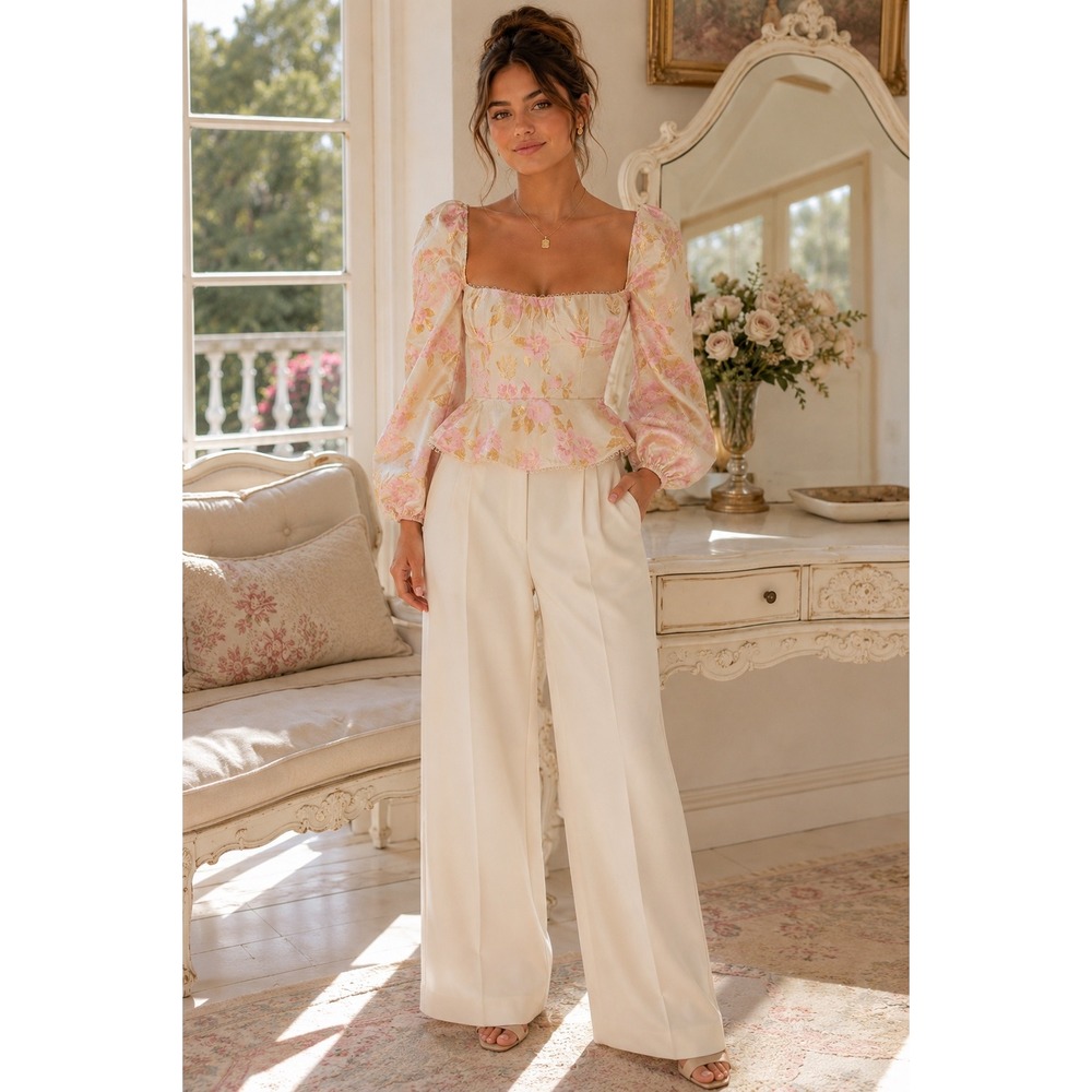 V. Chapman Floral Brocade Corset Top Gold Pink Coquette Cottagecore Peplum NWT